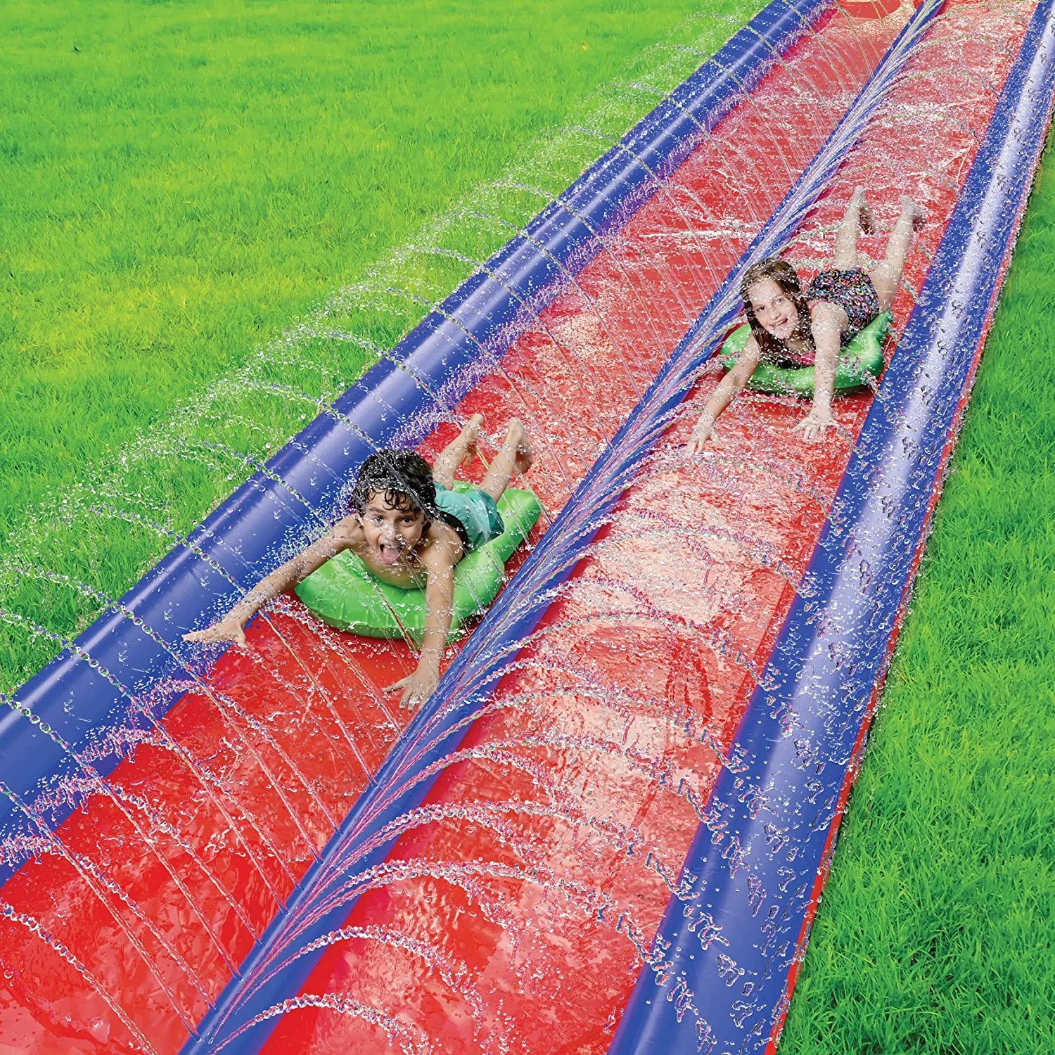 Double Lawn Slide Water Spraying Slip and Slide, Giant Backyard 25 Feet Slide with 2 Inflatable Sliding Body Boards and Built in Sprinkler, Outdoor Wet Summer Fun or Snow Sledge