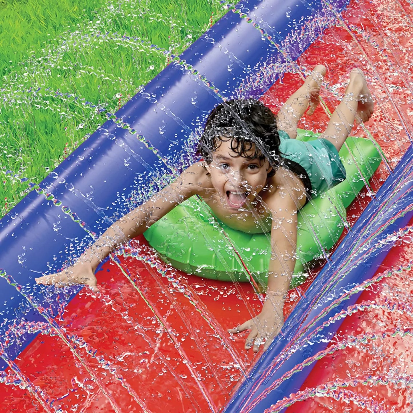 Double Lawn Slide Water Spraying Slip and Slide, Giant Backyard 25 Feet Slide with 2 Inflatable Sliding Body Boards and Built in Sprinkler, Outdoor Wet Summer Fun or Snow Sledge