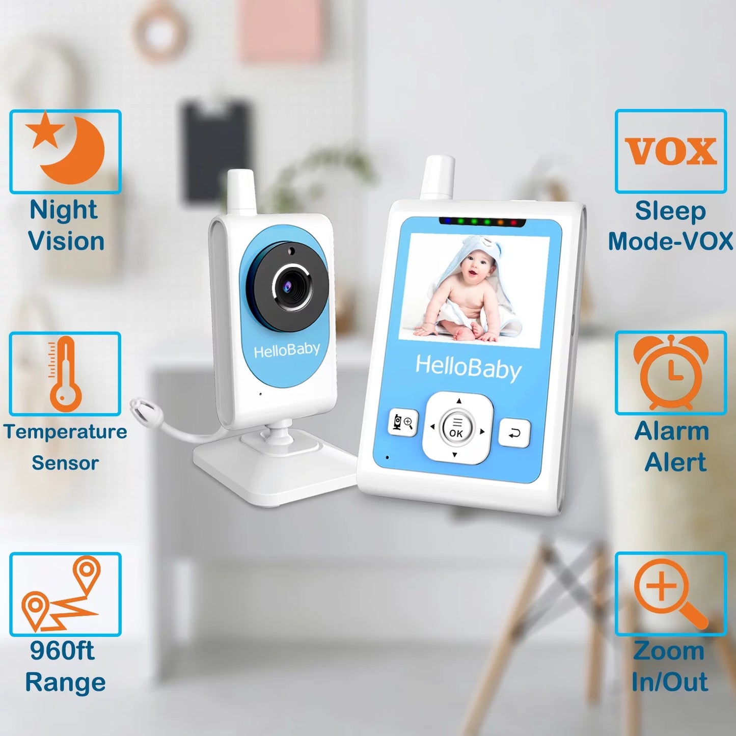 Baby Monitor- HB26 Video Baby Monitor with 2.4 Inch Screen, Night Vision, Temperature Sensor, VOX Mode, One-Way Talk