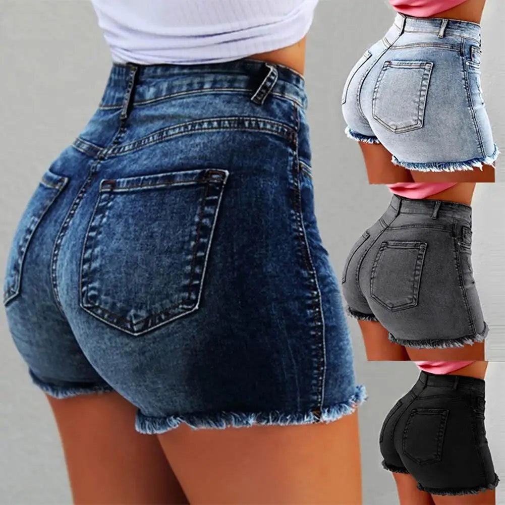 Women'S Denim Shorts Summer Lady Clothing High Waist Denim Shorts Women'S Fringe Frayed Ripped Jeans Hot Shorts with Pockets