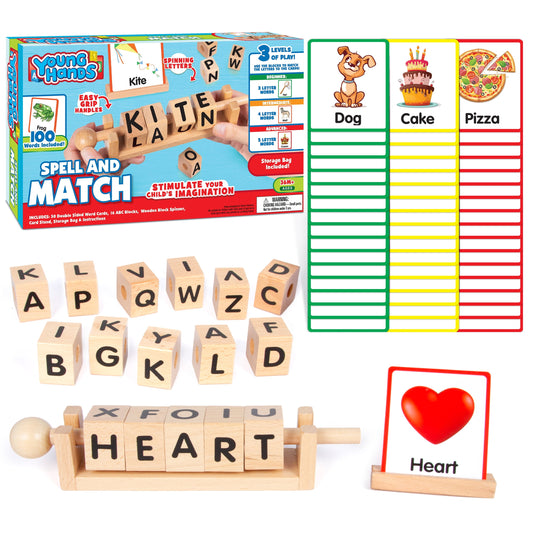 Young Hands Wooden Reading Blocks - Spin, Spell & Match Words - 16 Wooden Blocks & 50 Double-Sided Word Cards with Images - Montessori Preschool Learning Spelling Games Toy for Kids Boys Girls Age 3+