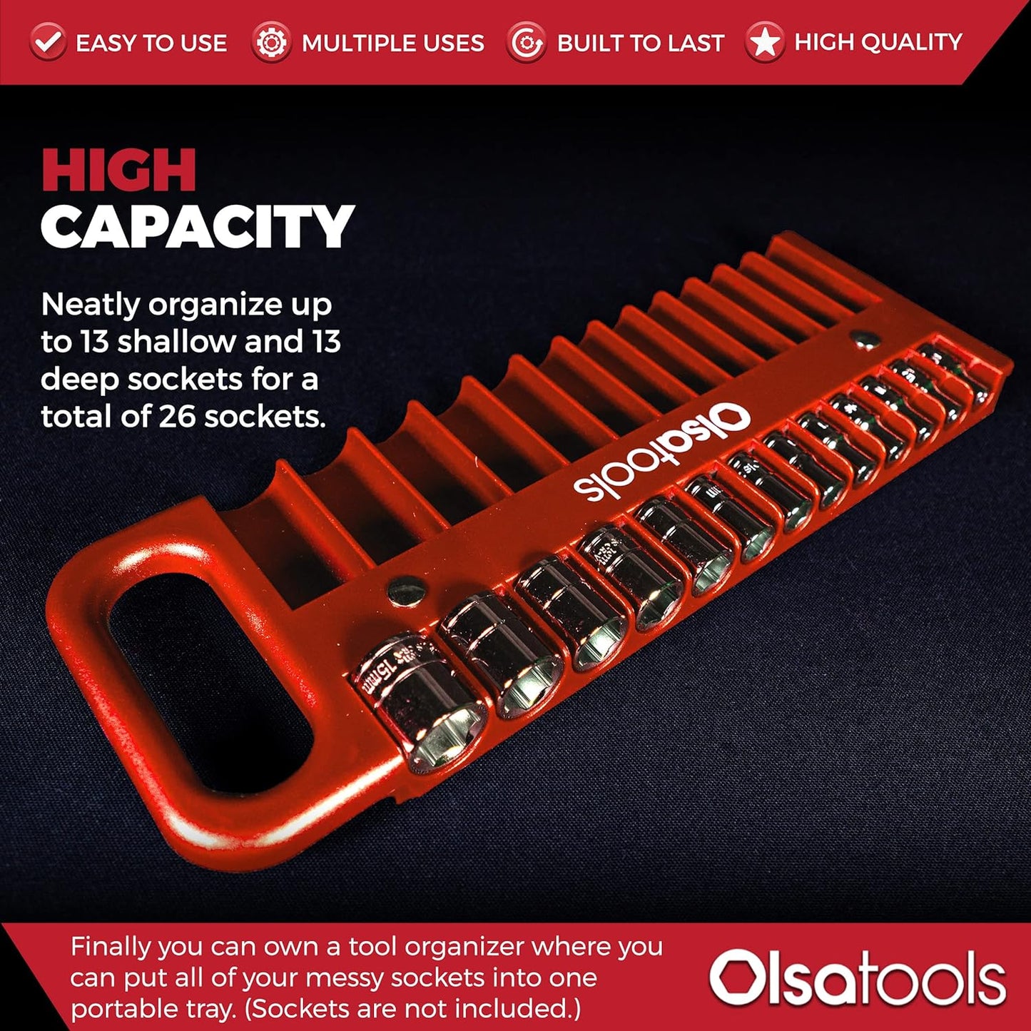 Portable Socket Organizer Tray | 1/4-Inch Drive | Red | Fits Deep & Shallow Sockets | Holds Sockets up to 5/8” SAE / 14Mm Metric | Professional Quality Tool Organizer | by