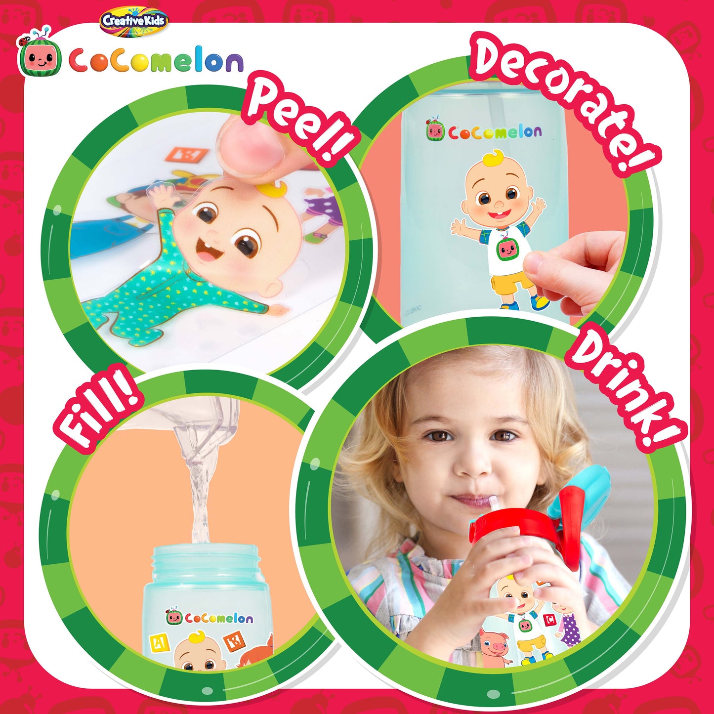 Cocomelon Decorate Your Own Water Bottle by  - BPA Free Toddler Water Bottle with 4 Sheets of Customized Stickers - DIY Arts and Crafts - Easy to Grip Durable Gift for Boys & Girls Age 3+