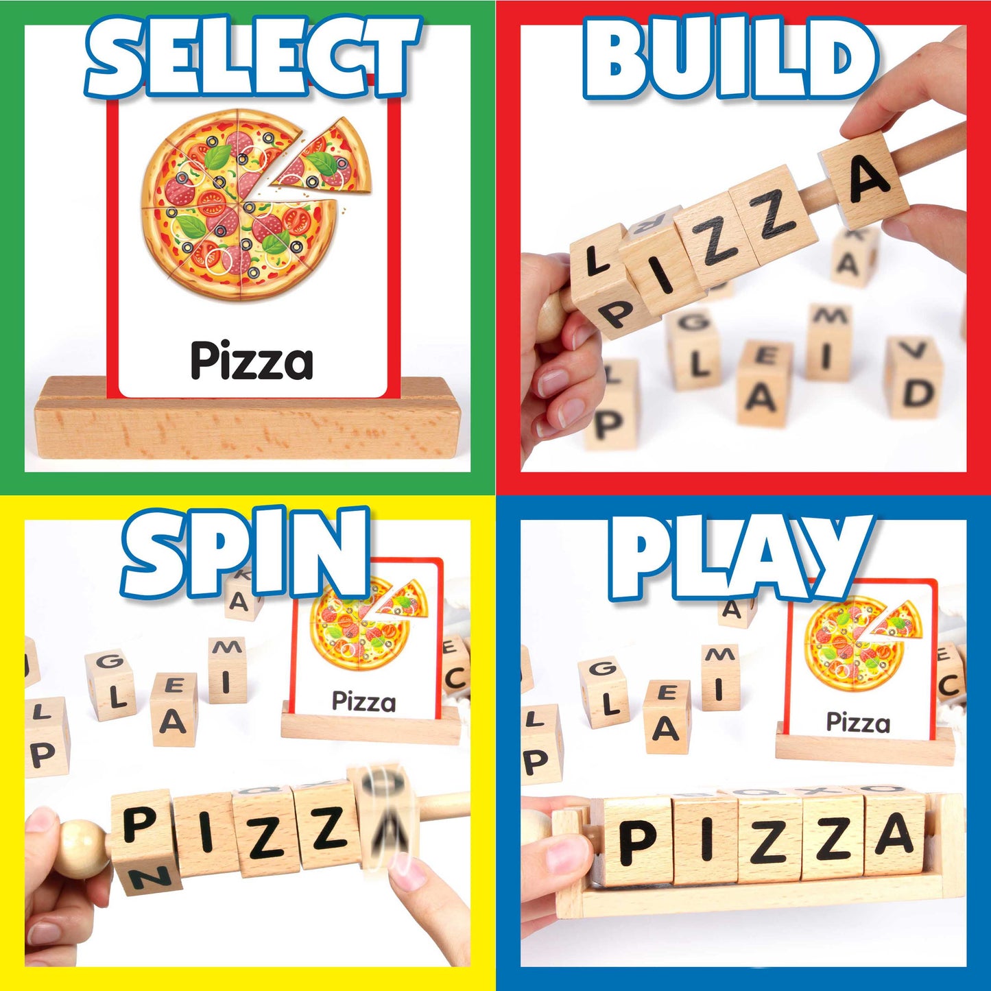 Young Hands Wooden Reading Blocks - Spin, Spell & Match Words - 16 Wooden Blocks & 50 Double-Sided Word Cards with Images - Montessori Preschool Learning Spelling Games Toy for Kids Boys Girls Age 3+