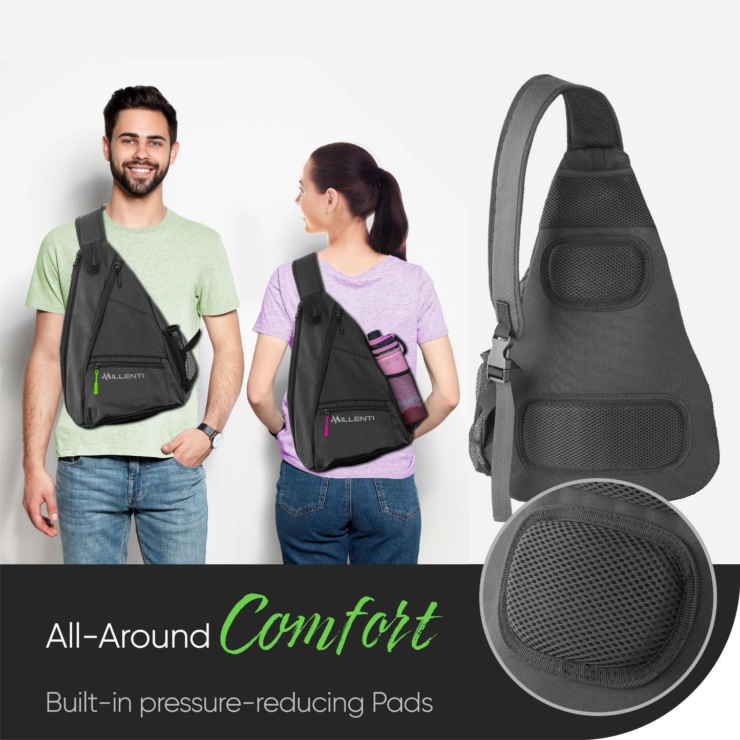 Sling Bag Crossbody Backpack - Lightweight Pickleball Bag or Basketball Ball Bag with a Fence Hook, Water Bottle Holder with Black Green or Cute Pink Zipper Pullers PB01B