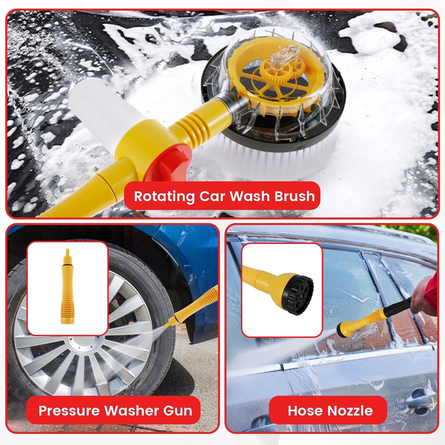 Car Wash Brush Kit 360° Rotating Car Cleaning Brush with Foam Bottle and Long Handle Scratch Free High Pressure Car Scrub Brush for Cleaning Vehicle Garden Home Pet