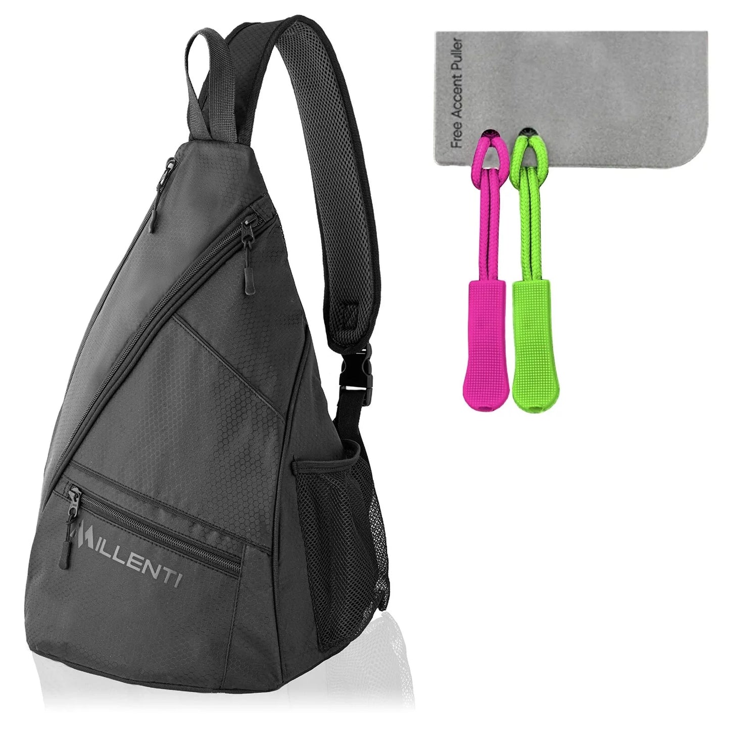 Sling Bag Crossbody Backpack - Lightweight Pickleball Bag or Basketball Ball Bag with a Fence Hook, Water Bottle Holder with Black Green or Cute Pink Zipper Pullers PB01B